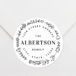 Floral Wreath Family Name Custom Return Address Classic Round Sticker<br><div class="desc">Custom-designed circular return address labels/stickers featuring hand-drawn floral wreath. Personalize with family name and address. Perfect for decorating envelopes,  cards,  DIY gifts,  and more!</div>