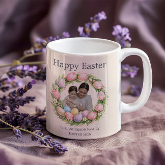 Floral Wreath & Family Photo Personalized Easter Coffee Mug