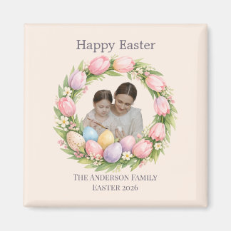 Floral Wreath & Family Photo Personalized Easter Magnet