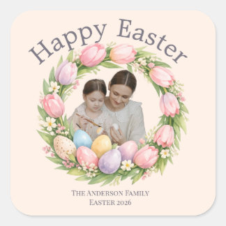 Floral Wreath & Family Photo Personalized Easter Square Sticker