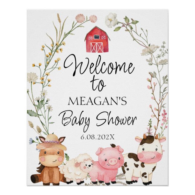 Floral Wreath Farm Animals Baby Shower Welcome Poster (Front)