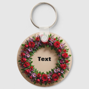 Floral Wreath Featuring Red Roses and Pink Blooms Keychain
