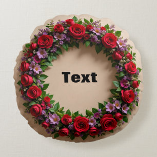 Floral Wreath Featuring Red Roses and Pink Blooms Round Pillow
