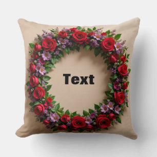 Floral Wreath Featuring Red Roses and Pink Blooms Throw Pillow
