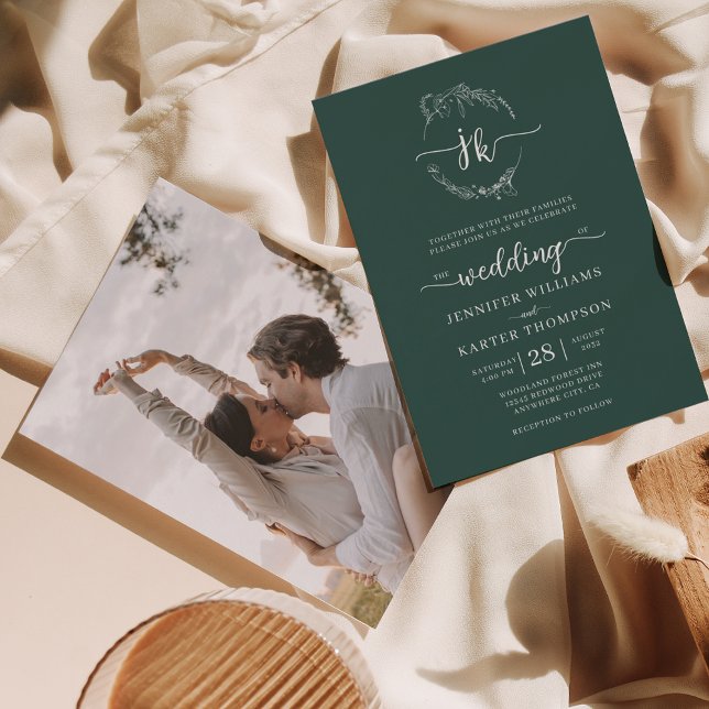 Floral Wreath Forest Green Monogram Photo Wedding  Invitation (Creator Uploaded)