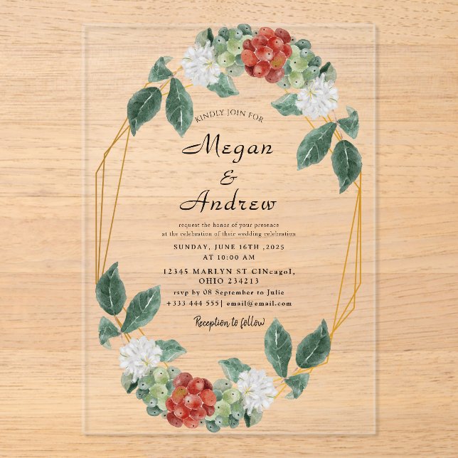 Floral Wreath & Geometric Frame Wedding Acrylic Invitations (Front)