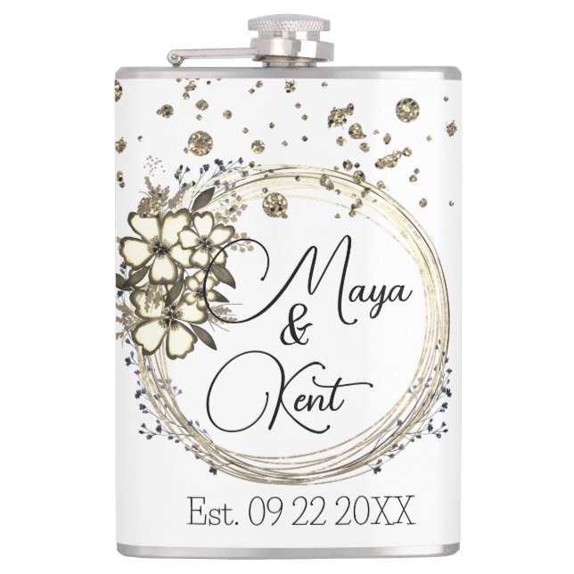 Floral Wreath Glitter Wedding Personalized  Hip Flask (Front)