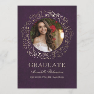 Floral Wreath Gold and Plum Photo Graduation Invitation