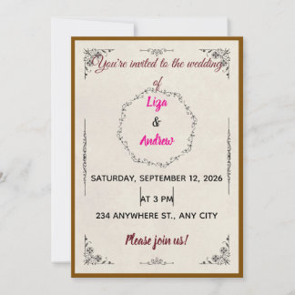 Floral Wreath Gold Frame Wedding Invitation