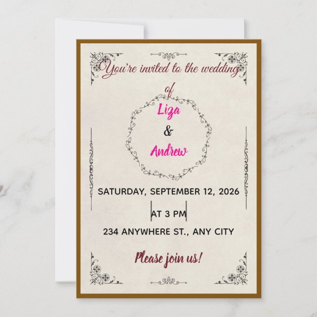  Floral Wreath Gold Frame Wedding Invitation (Front)