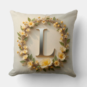 Floral Wreath Golden Letter L Throw Pillow