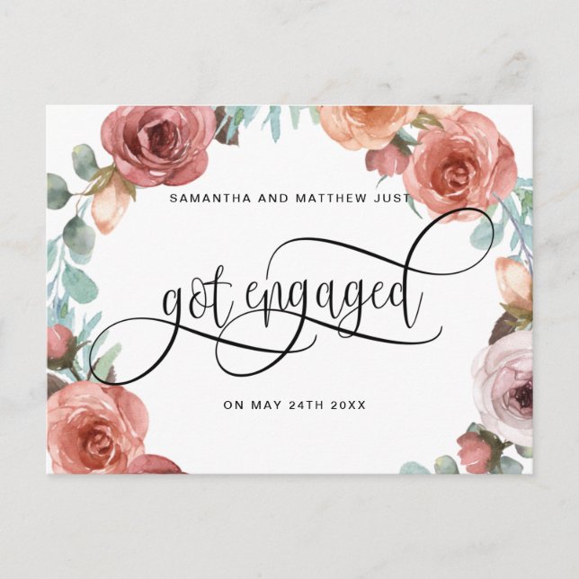 Floral Wreath, Got Engaged, Engagement Announcement Postcard (Front)