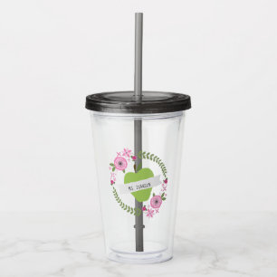 Floral Wreath Green Apple Personalized Teacher Acrylic Tumbler