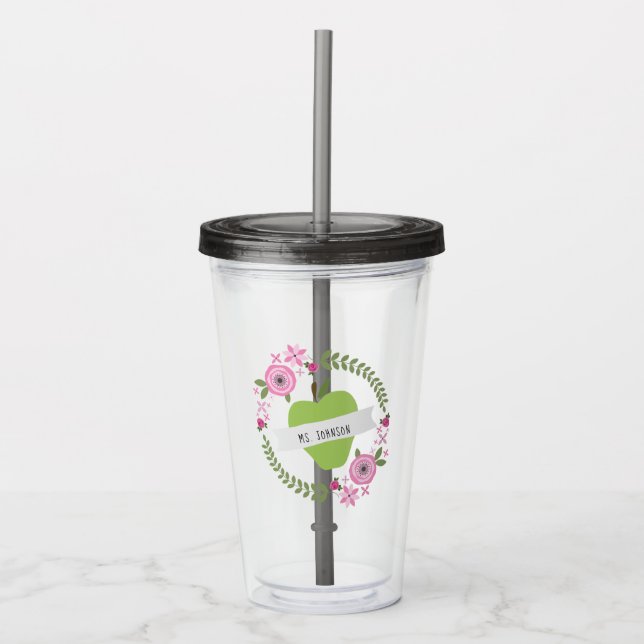 Floral Wreath Green Apple Personalized Teacher Acrylic Tumbler (Front)