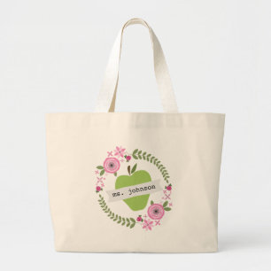 Floral Wreath Green Apple Personalized Teacher Large Tote Bag