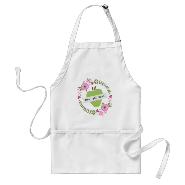 Floral Wreath Green Apple Personalized Teacher Standard Apron (Front)