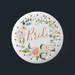 Floral wreath & green leaves, polka dot Bride 2 Inch Round Button<br><div class="desc">Elegant "Bride" button with watercolor floral wreath of roses in soft pastel cream and peach colours,  green foliage and polka dot circle</div>