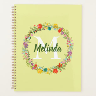 Floral Wreath Green Stripes Personalized Monogram Planner