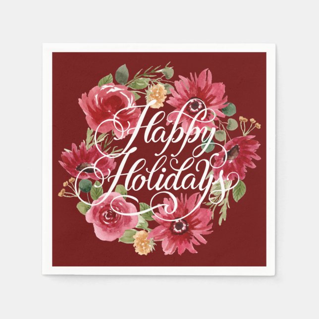 Floral Wreath Happy Holidays Red Napkins (Front)