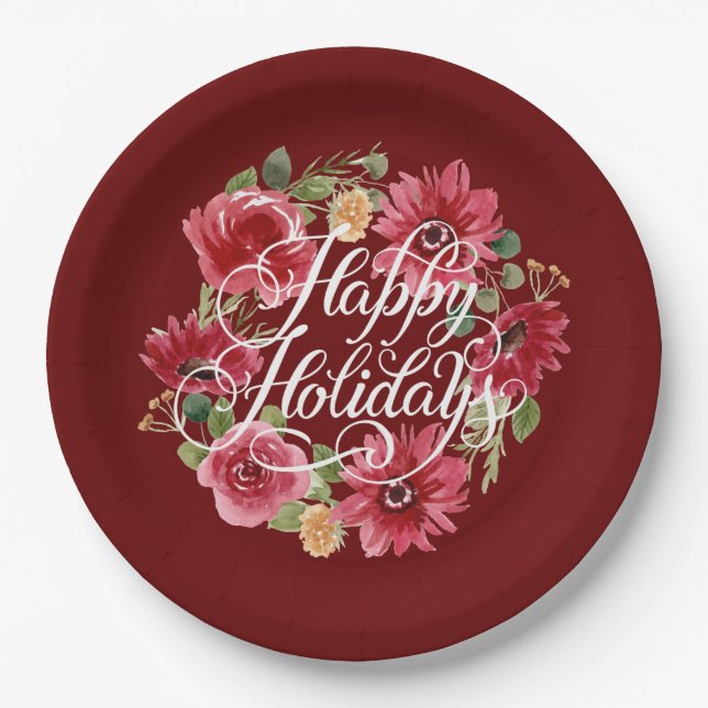 Floral Wreath Happy Holidays Red Paper Plate (Front)
