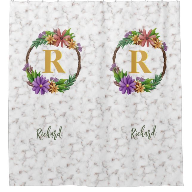Floral Wreath Initial Letter Monogram Name Marble (Front)