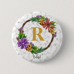 Floral Wreath Initial Letter Monogram Name Marble 2 Inch Round Button