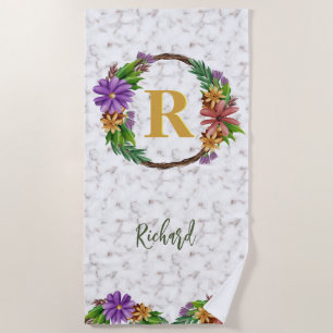 Floral Wreath Initial Letter Monogram Name Marble Beach Towel
