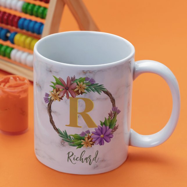 Floral Wreath Initial Letter Monogram Name Marble Coffee Mug (Creator Uploaded)