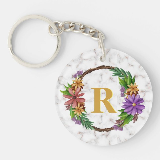 Floral Wreath Initial Letter Monogram Name Marble Keychain (Front)