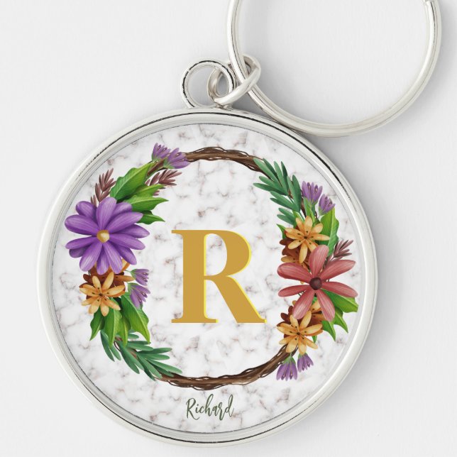 Floral Wreath Initial Letter Monogram Name Marble Keychain (Front)