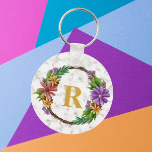Floral Wreath Initial Letter Monogram Name Marble Keychain