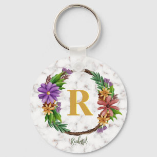 Floral Wreath Initial Letter Monogram Name Marble Keychain