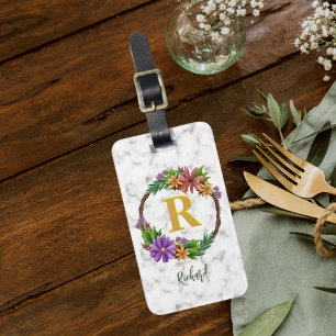 Floral Wreath Initial Letter Monogram Name Marble Luggage Tag