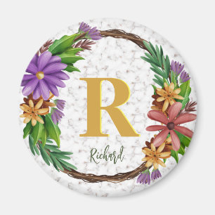 Floral Wreath Initial Letter Monogram Name Marble Magnet