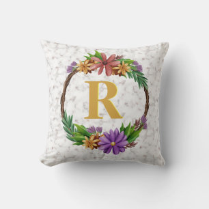 Floral Wreath Initial Letter Monogram Name Marble Throw Pillow