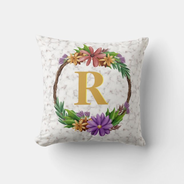 Floral Wreath Initial Letter Monogram Name Marble Throw Pillow (Front)