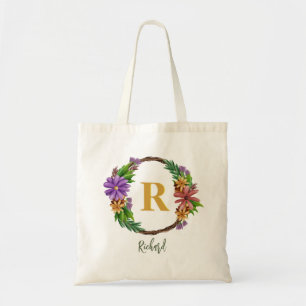 Floral Wreath Initial Letter Monogram Name Marble Tote Bag