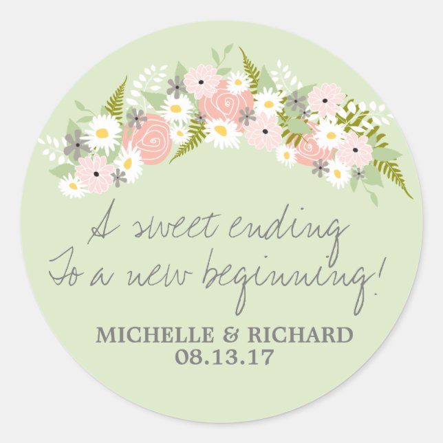 Floral Wreath Light Green Wedding Classic Round Sticker (Front)