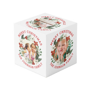 Floral wreath Merry Chistmas holiday photo Cube