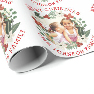 Floral wreath Merry Christmas holiday photo Wrapping Paper