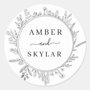 Floral Wreath Modern Round Wedding Sticker