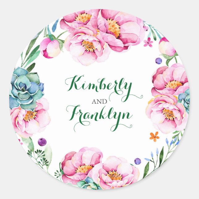 floral wreath modern watercolor wedding classic round sticker (Front)