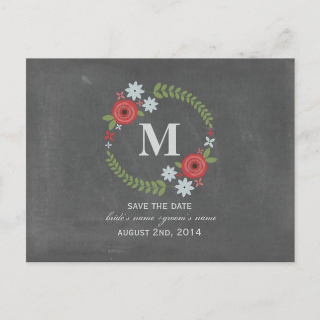 Floral Wreath Monogram Chalk Inspired Save Date Announcement Postcard (Front)