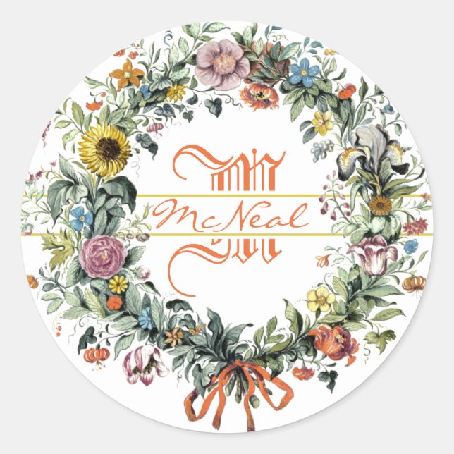 Floral Wreath Monogram Classic Round Sticker (Front)
