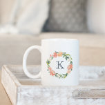 Floral Wreath Monogram Coffee Mug<br><div class="desc">Personalize your morning coffee or tea with our monogram mug,  featuring your single initial monogram surrounded by a wreath of lush watercolor flowers in shades of peach,  blush and spring green.</div>