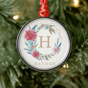 Floral wreath Monogram custom name Metal Ornament