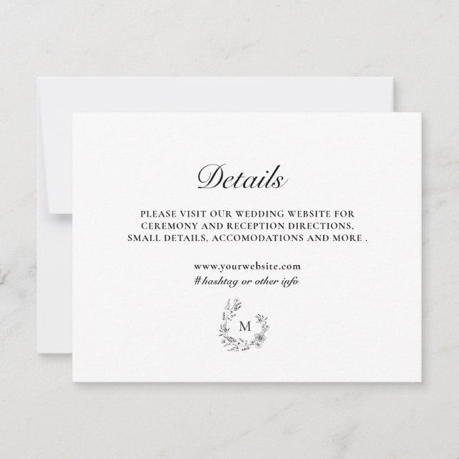 Floral Wreath Monogram Custom Wedding Details Card (Front)