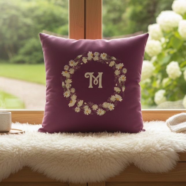 Floral wreath monogram pillow burgundy  (Creator Uploaded)