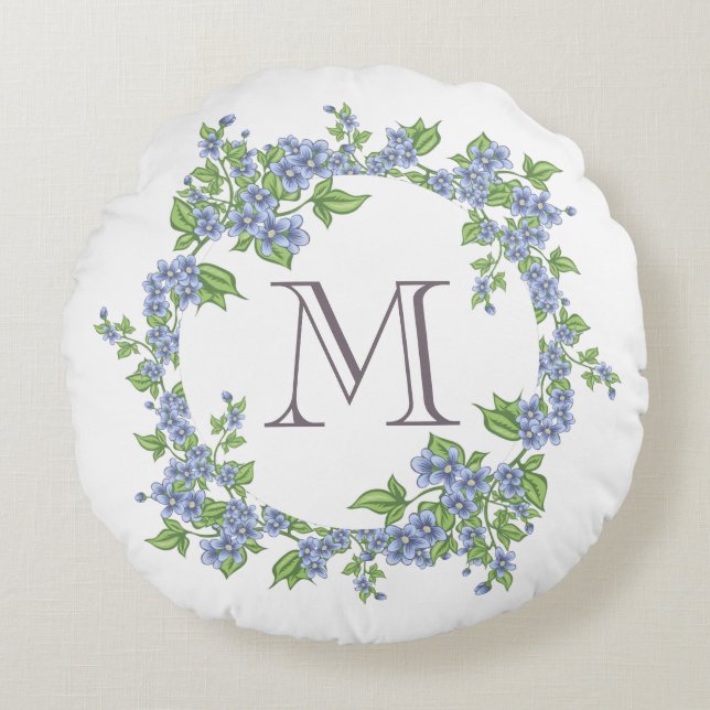 Floral Wreath Monogram Round Pillow (Front)