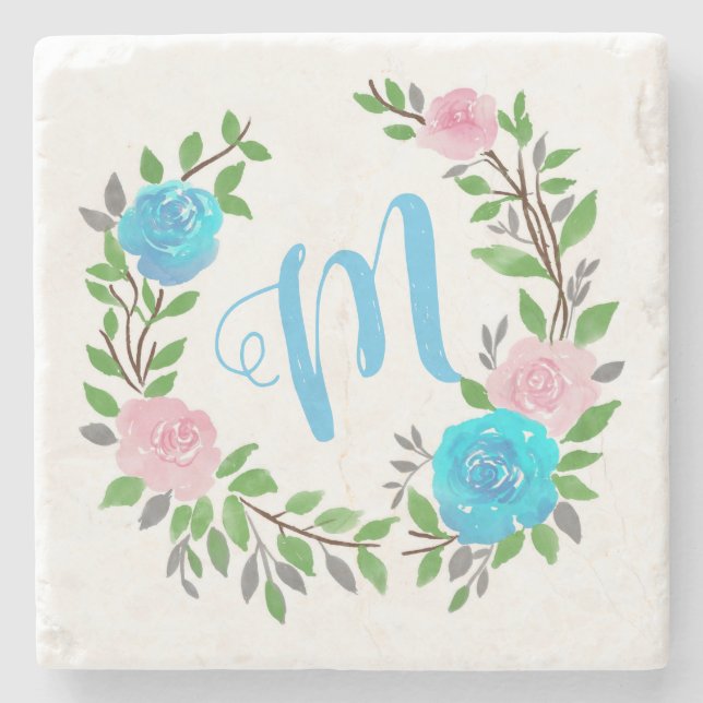 Floral Wreath Monogram Stone Coaster (Front)